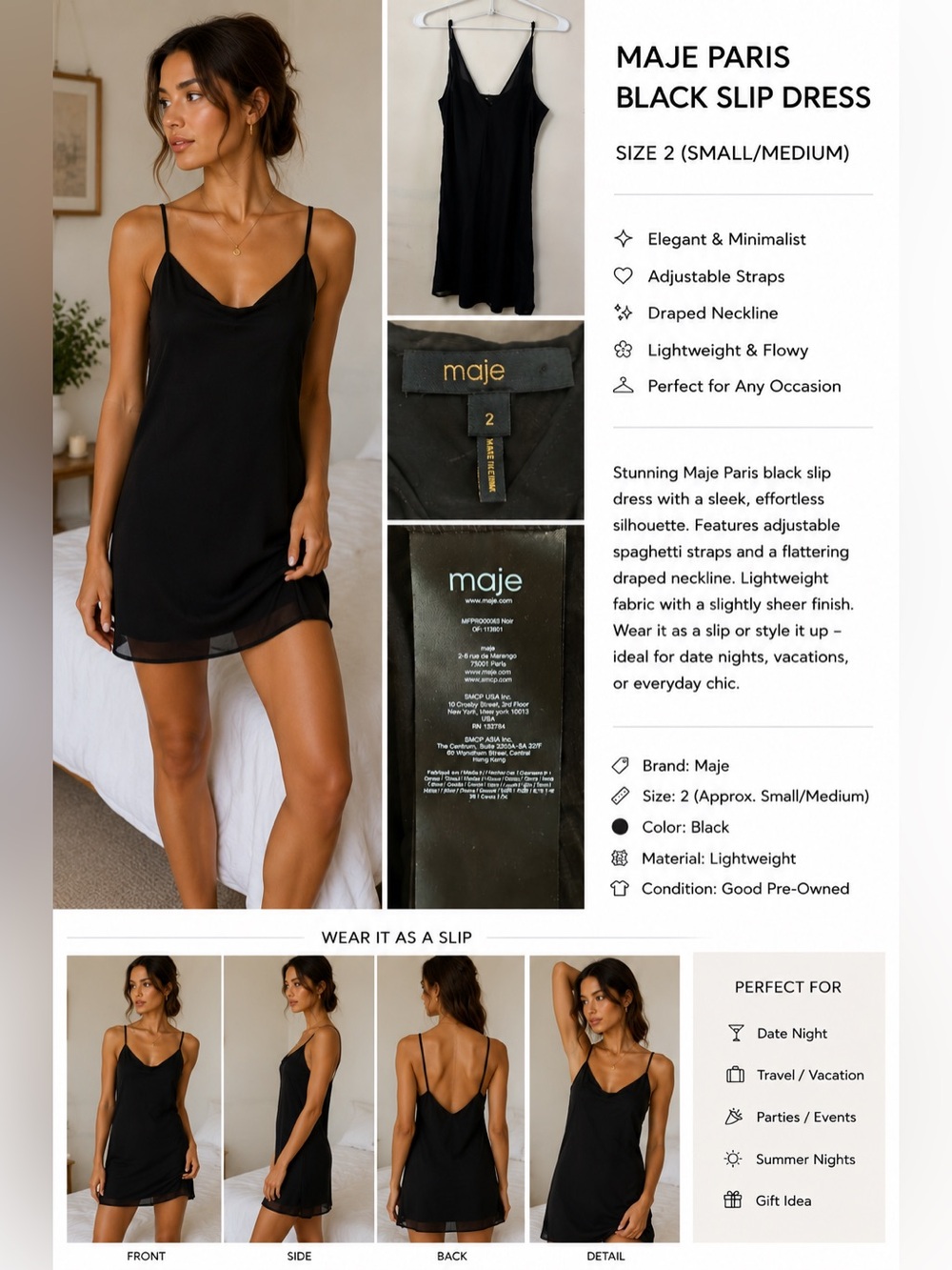 Maje Paris Black Slip Dress Adjustable Straps Minimalist Midi Dress Size 2